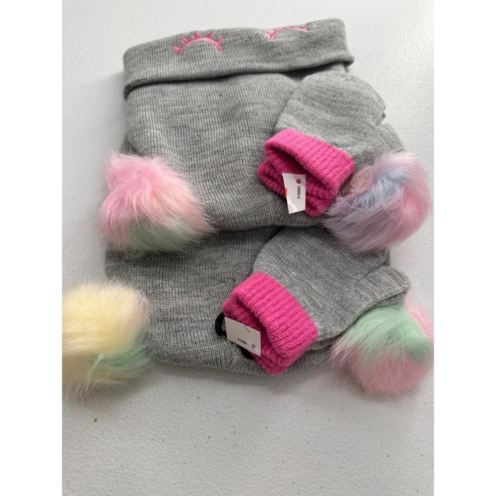 Cute Gray Knit Beanie & Mittens Set With Multicolor Pom Poms Girls Winter‎ Hat